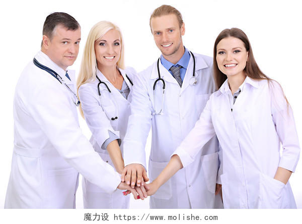 白色背景中的男女医务人员团队加油医生加油开心幸福团队医生的手医生手势
